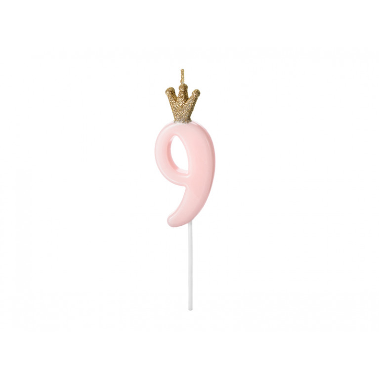 Свеча-цифра "9" розовая с короной, 9,5см