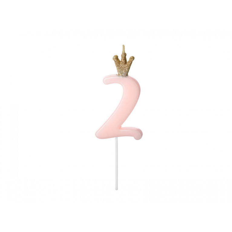 Свеча-цифра "2" розовая с короной, 9,5см