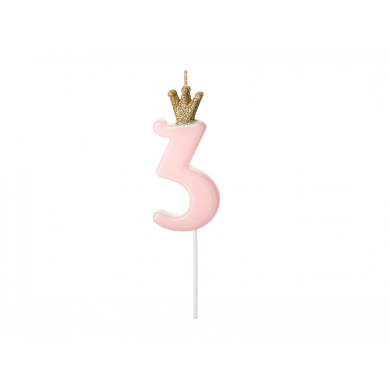 Свеча-цифра "3" розовая с короной, 9,5см