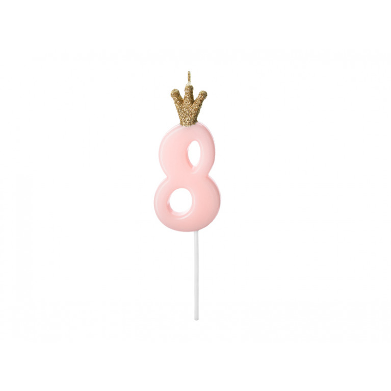 Свеча-цифра "8" розовая с короной, 9,5см
