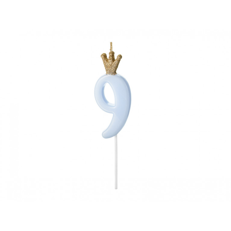 Свеча-цифра "9" голубая с короной, 9,5см