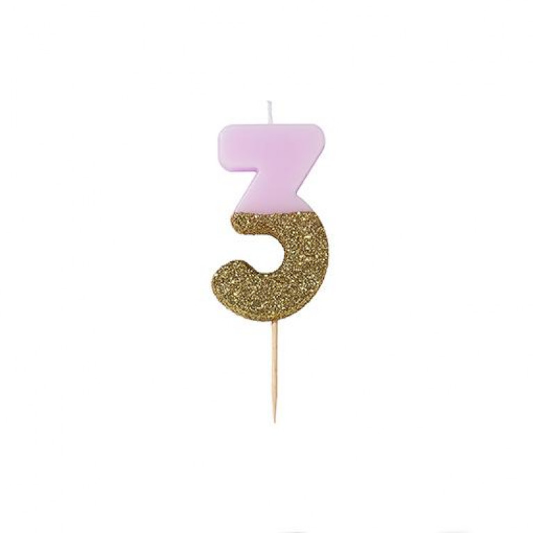 Свеча-цифра "3" розовая с золотом