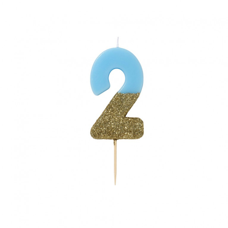 Свеча-цифра "2" голубая с золотом