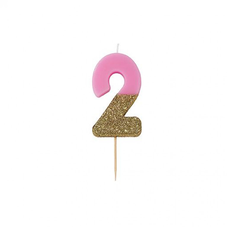 Свеча-цифра "2" розовая с золотом